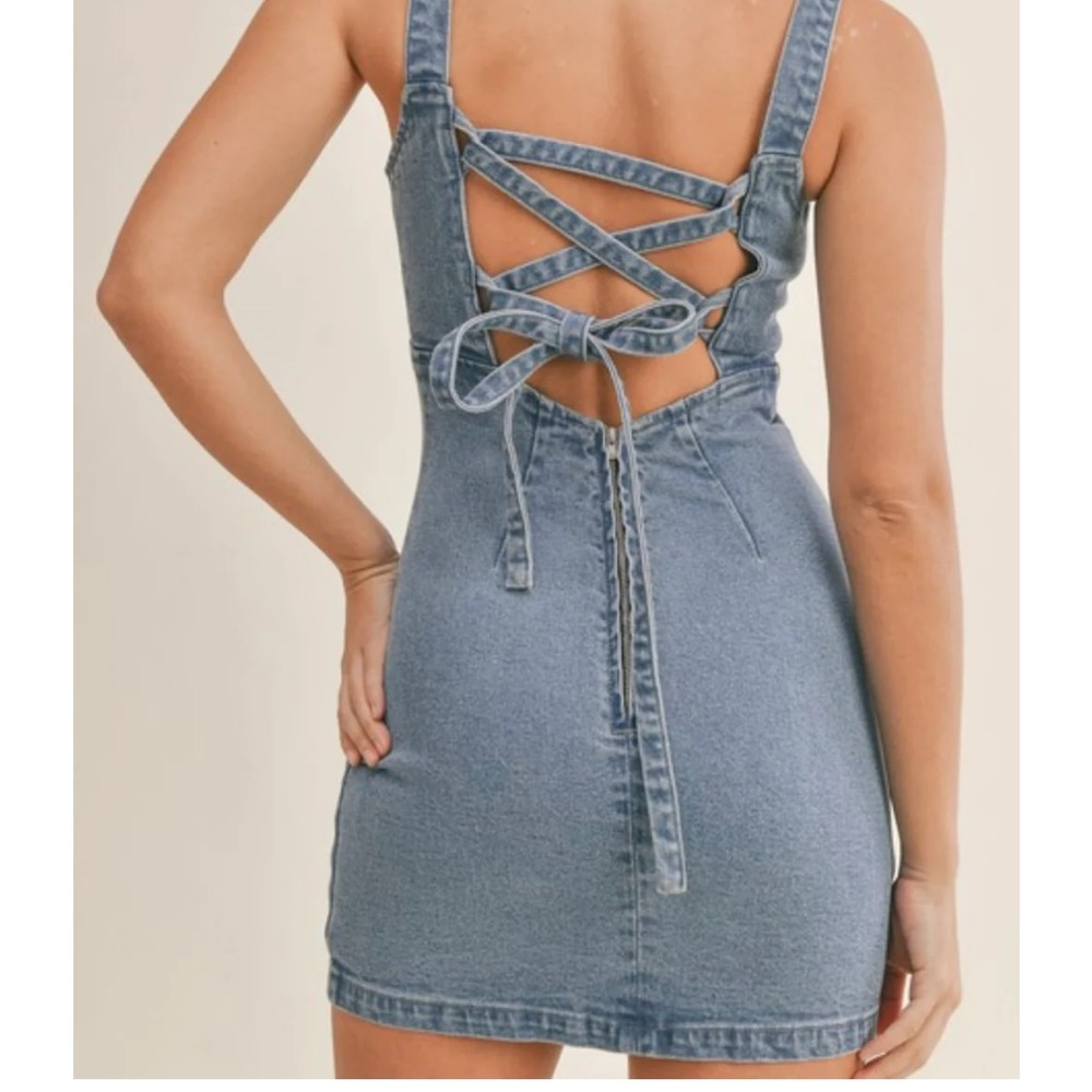 Lace up denim mini dress